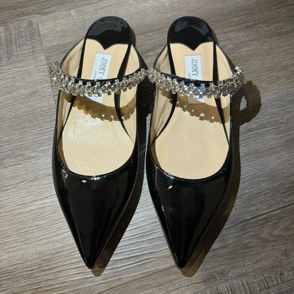 Jimmy Choo Bing Black Patent Leather Crystal Embellished Strap Flats